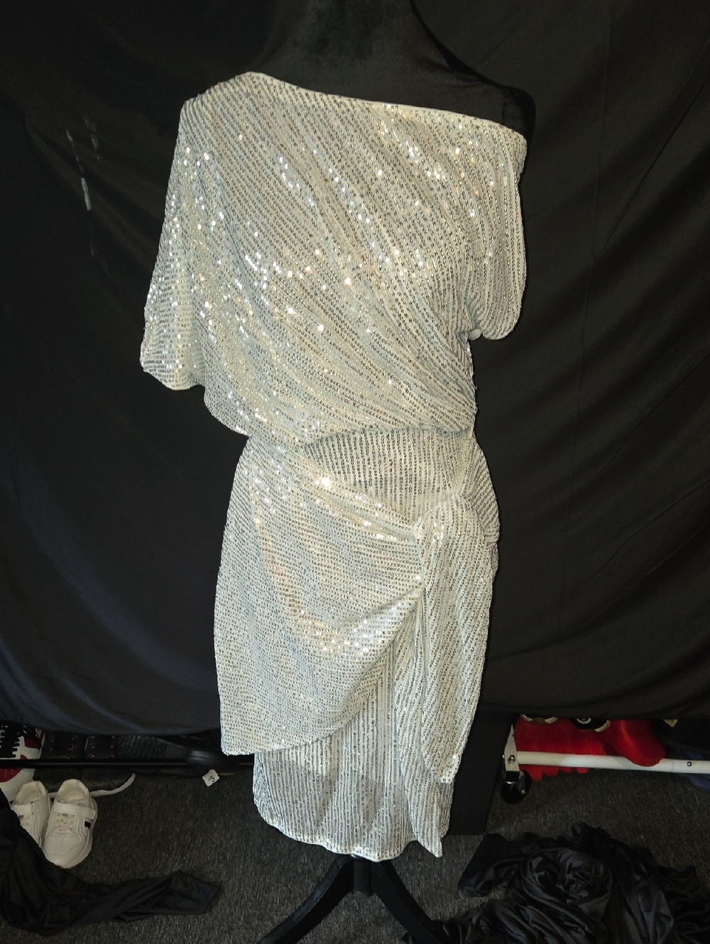 Grace Karin Silver Sequin One-Shoulder Cocktail Dress Size Med
